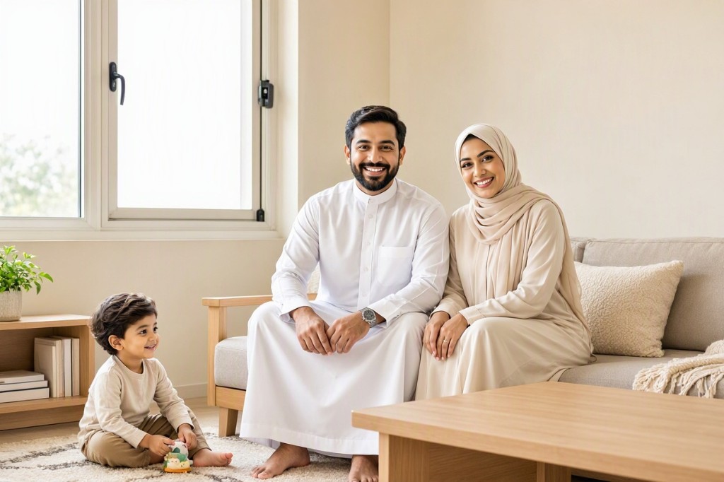 عائلة في منزل آمن مع قفل أمان على النافذة